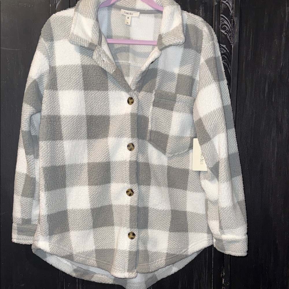 Como Blu Women's Gray and White Checkered Fleece Button-Down Shirt